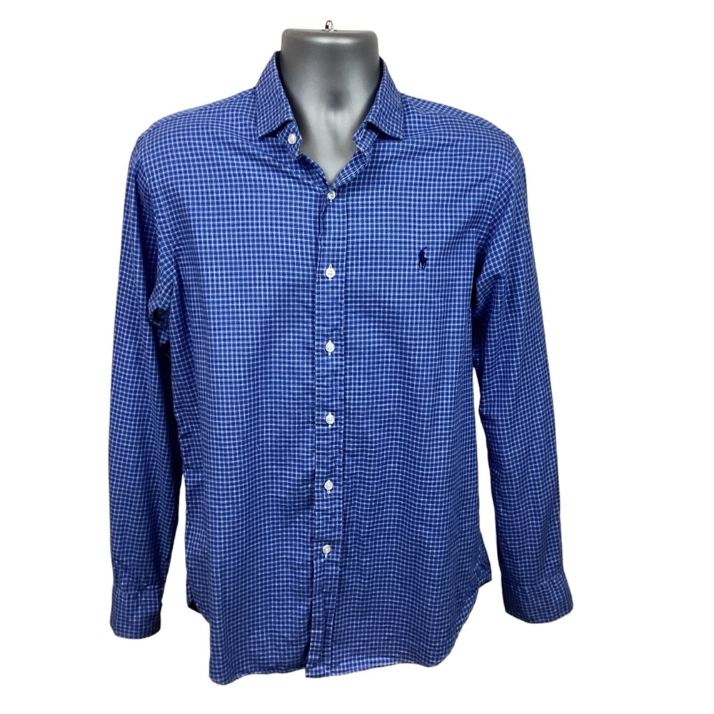 POLO Ralph Lauren Shirt Mens Medium Checked Long Sleeve Blue Western Preppy